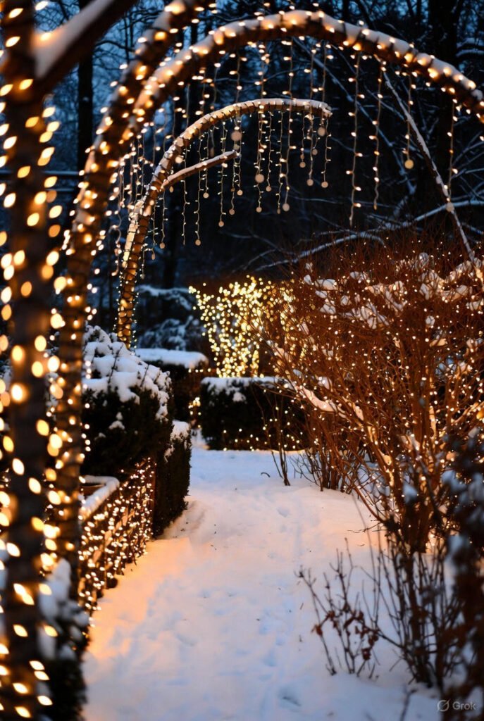 Christmas garden decorations ideas with light-wrapped shrubs and illuminated pathway