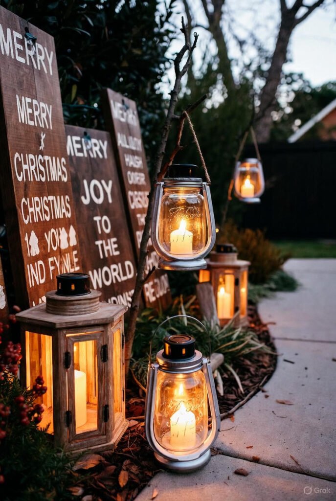 DIY outdoor Christmas decorations with lights, mason jar lanterns, and wooden signs