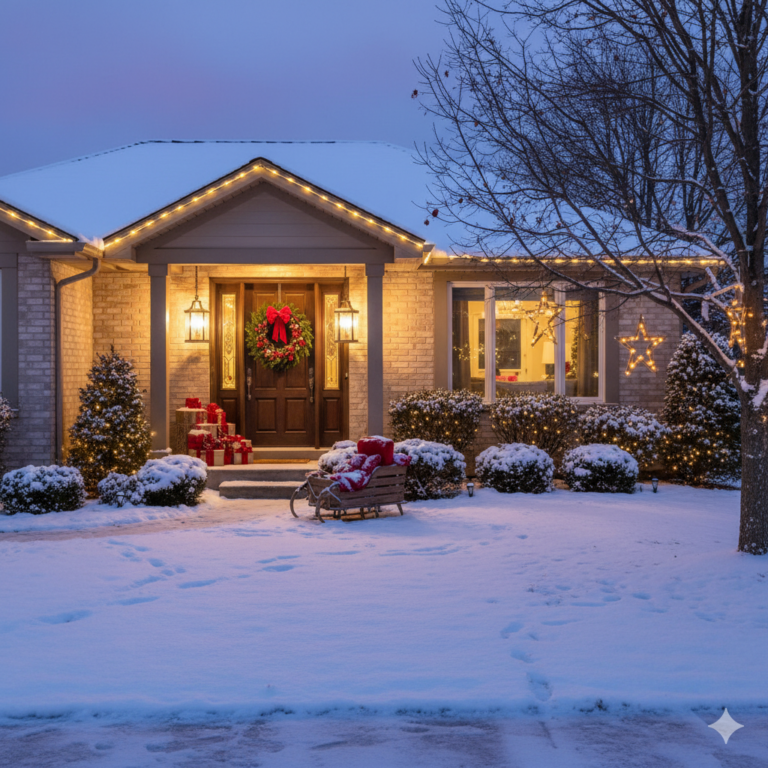 Front porch decorated with outdoor Christmas decorations ideas porch, wreath, lights, and lanterns