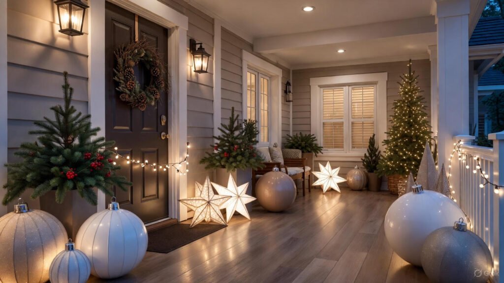 Modern outdoor Christmas decorations on front porch with neutral-toned ornaments
