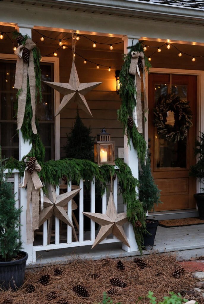 Rustic outdoor Christmas decorations with wooden ornaments and burlap ribbons