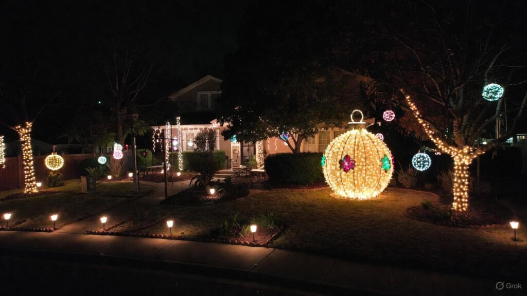 Extra large outdoor Christmas decorations with oversized ornament in front yard