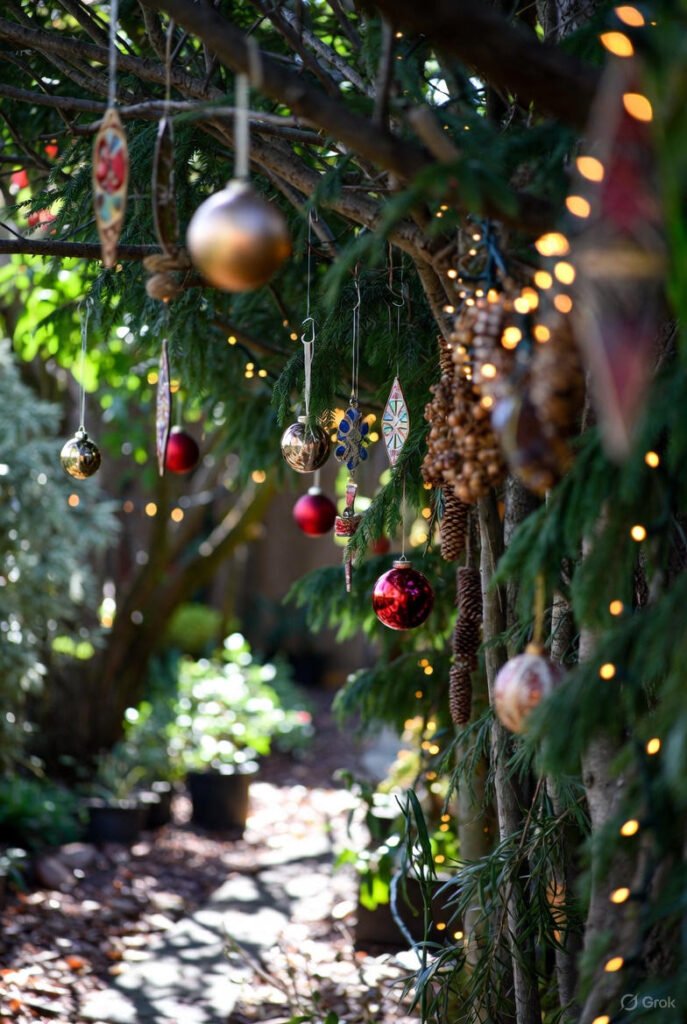 Homemade outdoor Christmas decorations ideas with hanging ornaments and lights