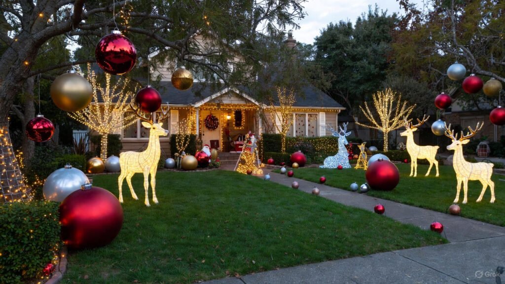 Large Christmas yard decorations with oversized ornaments and glowing lights