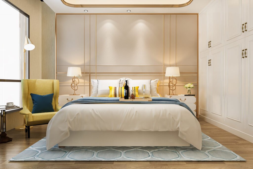 3D rendering of a luxury yellow hotel bedroom suite showing bedroom furniture settings with a bed, TV unit, and couch arranged for a balanced layout.