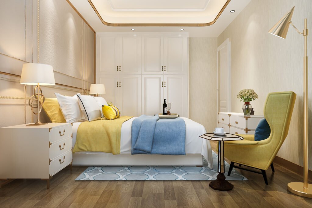 3D rendering of a luxury yellow hotel bedroom suite showing bedroom furniture settings with a bed, TV unit, and couch arranged for a balanced layout.