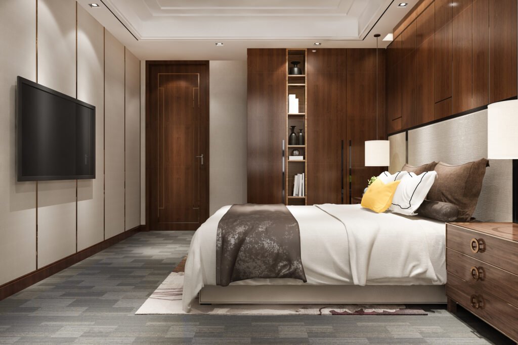 3D rendering of a luxury hotel bedroom suite showing bedroom furniture settings with a bed, TV cabinet, wardrobe, and coordinated layout
