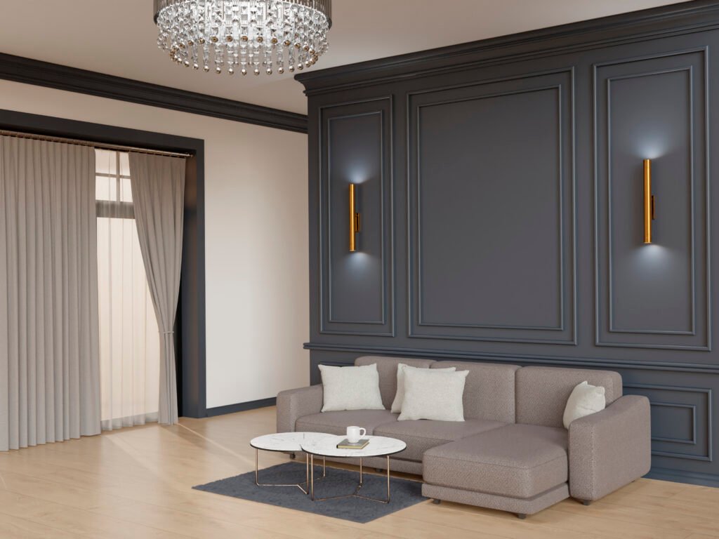 Warm and cozy living room with classic design furniture, elegant decor, soft lighting, and a welcoming atmosphere