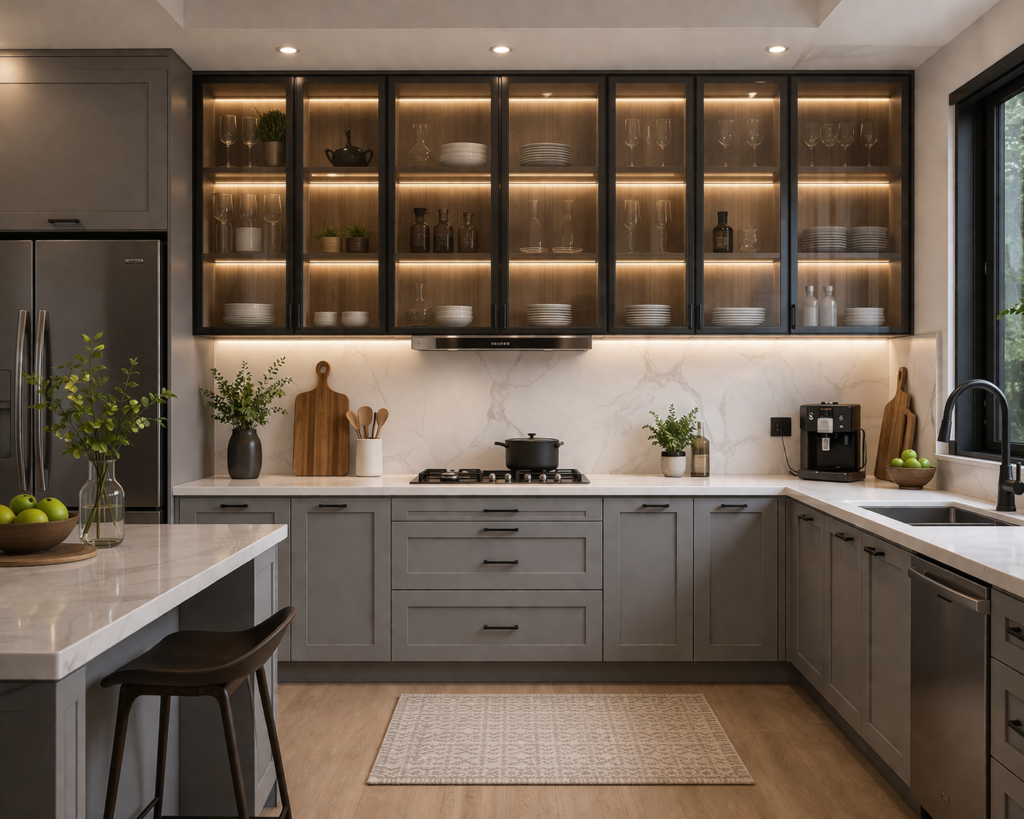 Kitchen with glass front cabinets and modern display storage – kitchen design ideas