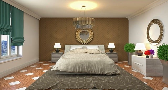 Cozy bedroom decor with a neatly made bed, soft neutral bedding, minimal furniture, and warm ambient lighting for a relaxing atmosphere