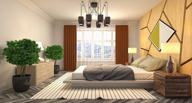 Modern bedroom decor with a comfortable bed, clean-lined furniture, soft neutral bedding, and warm ambient lighting