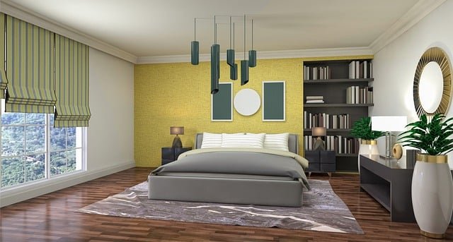 Modern bedroom decor with a neatly styled bed, soft neutral bedding, minimal furniture, and warm ambient lighting