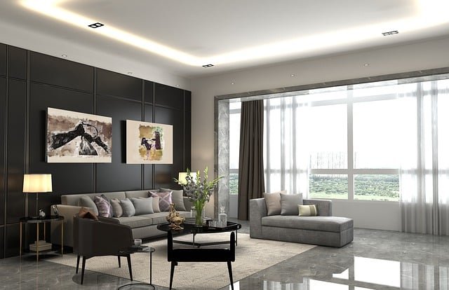 Modern living room design featuring a sleek wall-mounted TV unit, neutral living room paint colors, minimalist furniture, and a balanced living room layout with contemporary decor accents.