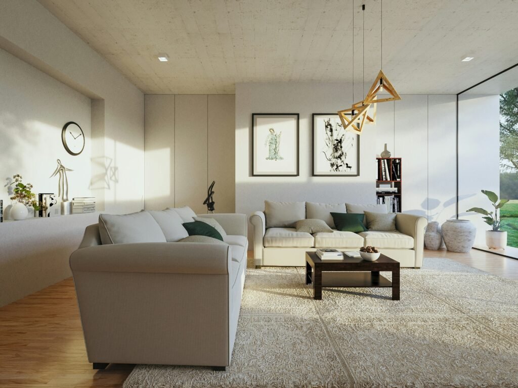 Modern living room showcasing minimalist furniture, clean architectural lines, neutral colors, and stylish decor accents.