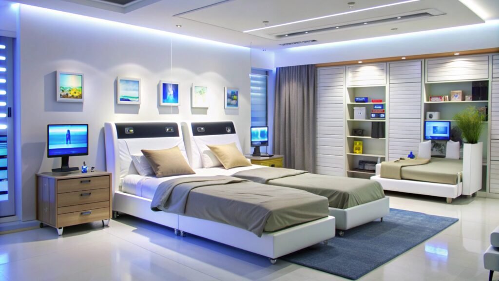 Modern bedroom with twin beds showcasing practical bedroom furniture settings, featuring balanced bed placement, a blue area rug, and streamlined side furniture.
