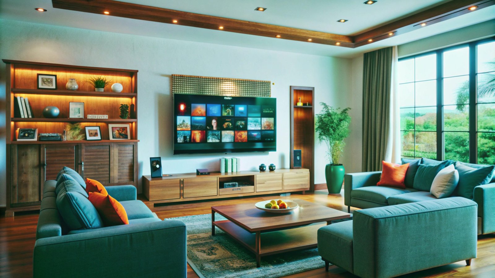 Warm and cozy living room with teal couches, wood accents, soft lighting, and a modern TV setup