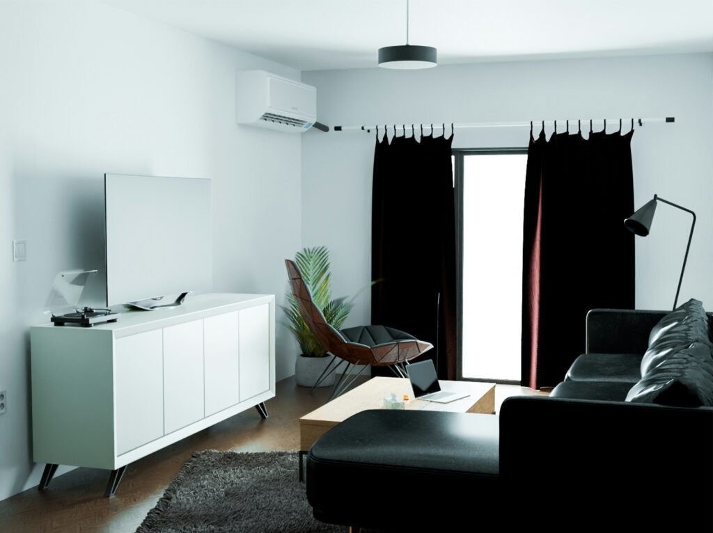 Modern living room featuring sleek furniture, clean lines, neutral tones, and contemporary decor in a bright, open space.