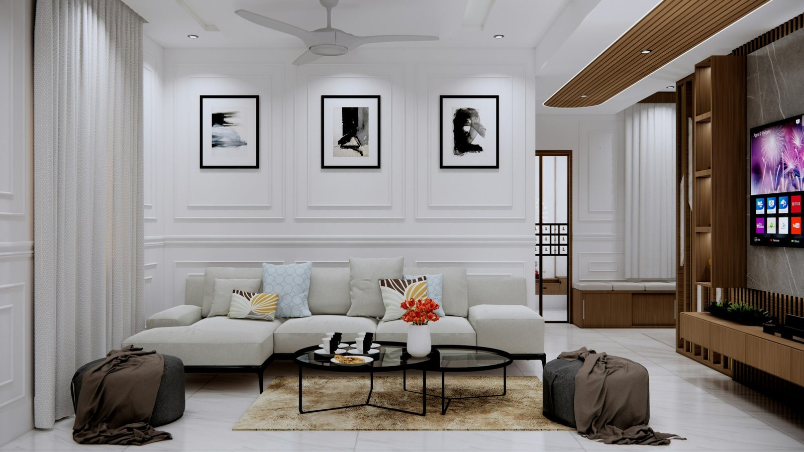 Modern living room featuring contemporary seating, clean lines, neutral tones, and stylish decor accents in a well-lit space.