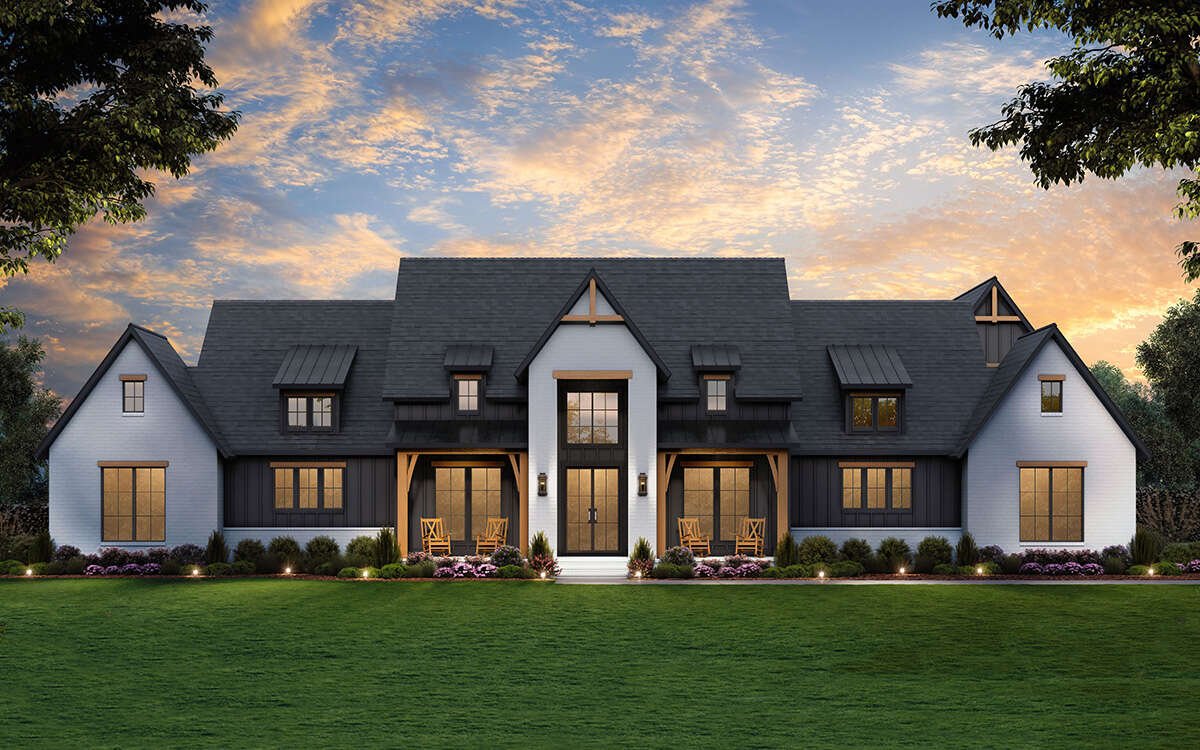 Exterior view of a transitional-style house blending traditional and modern architectural elements, with clean lines and inviting design.