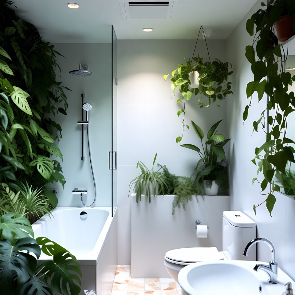 Modern bathroom design idea with freestanding bathtub, sleek vanity unit, large format tiles, and contemporary lighting.