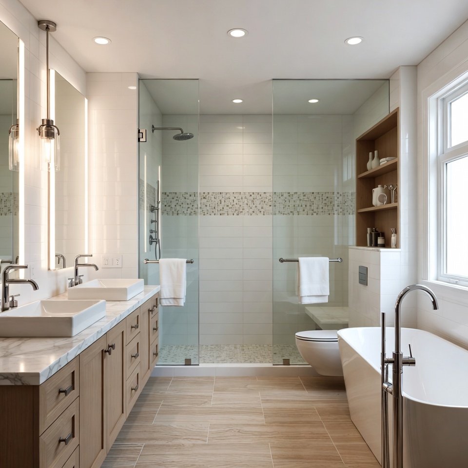 Modern bathroom remodel featuring sleek vanity, updated fixtures, and stylish tile design