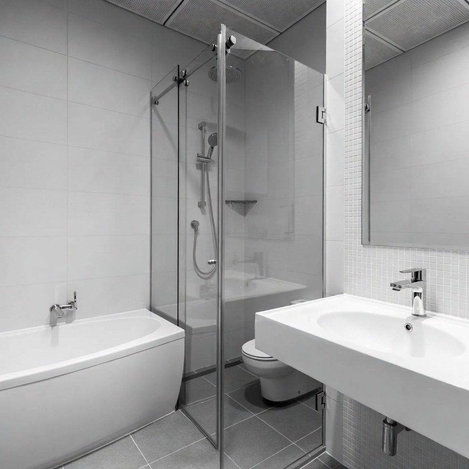 Modern bathroom design idea with double sink vanity, large backlit mirror, walk-in shower, and marble-style wall tiles.