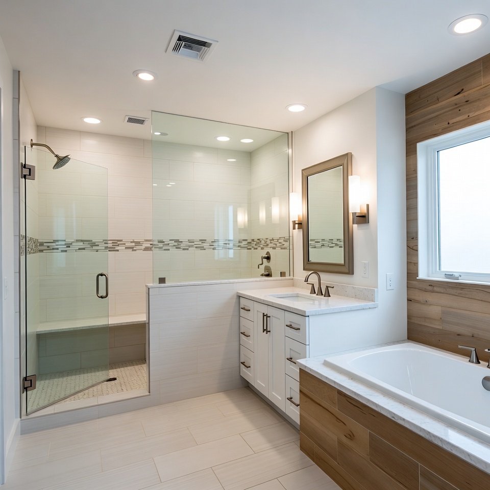 Small bathroom remodel idea with wall-mounted sink, frameless glass shower, light beige tiles, and warm wood accents for a modern, space-saving design.