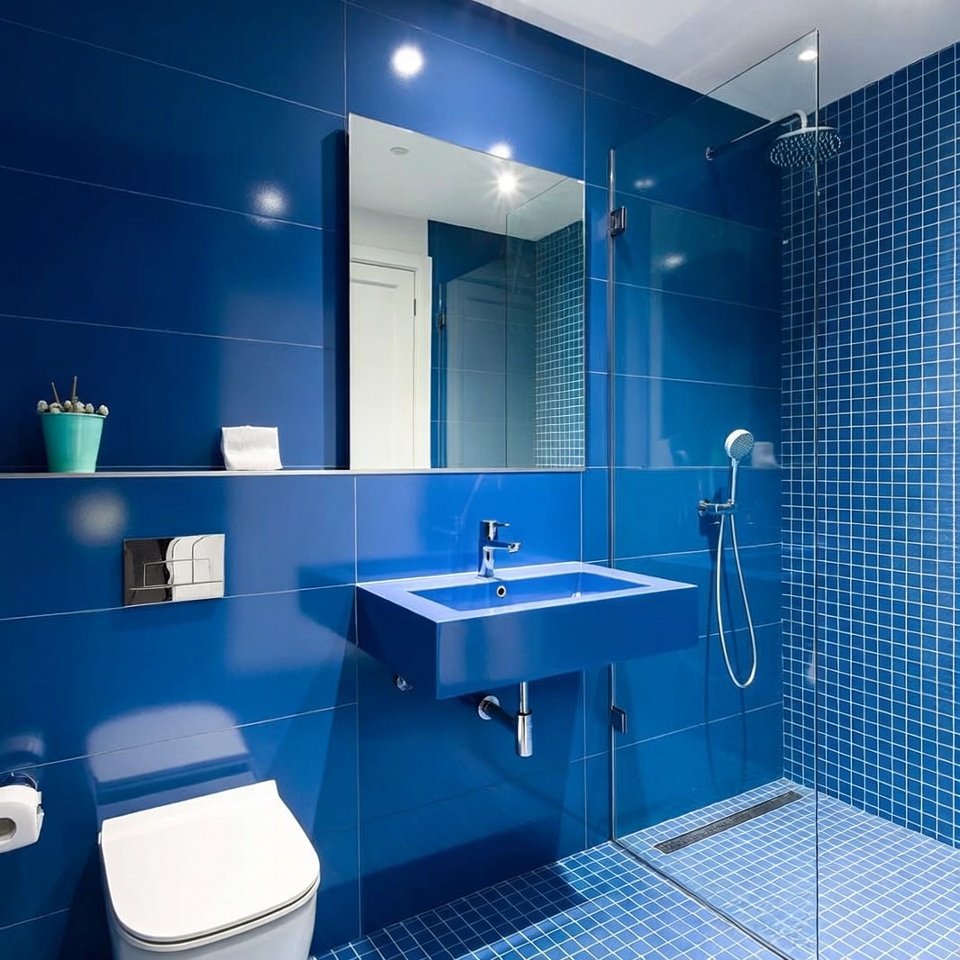 Contemporary modern bathroom design idea featuring a wall-mounted vanity, large mirror, walk-in shower, and sleek neutral tile finishes.