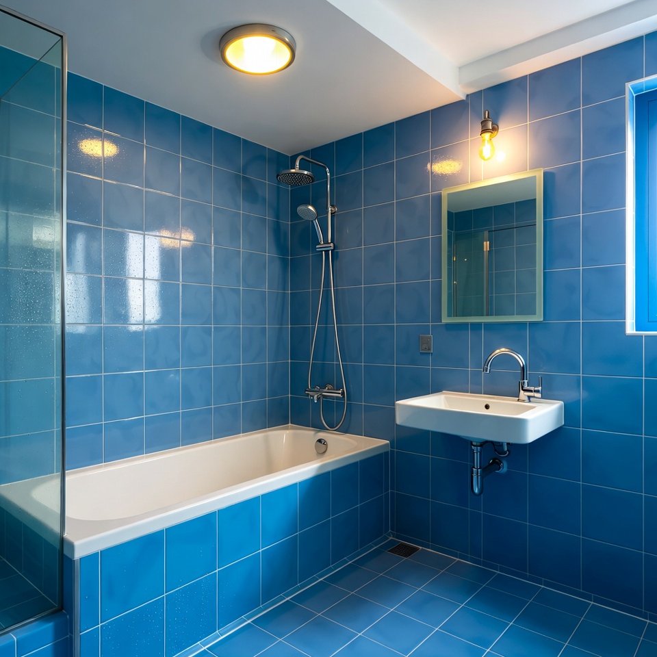 Modern bathroom design idea with floating vanity, large rectangular mirror, walk-in shower, and light neutral tiles.
