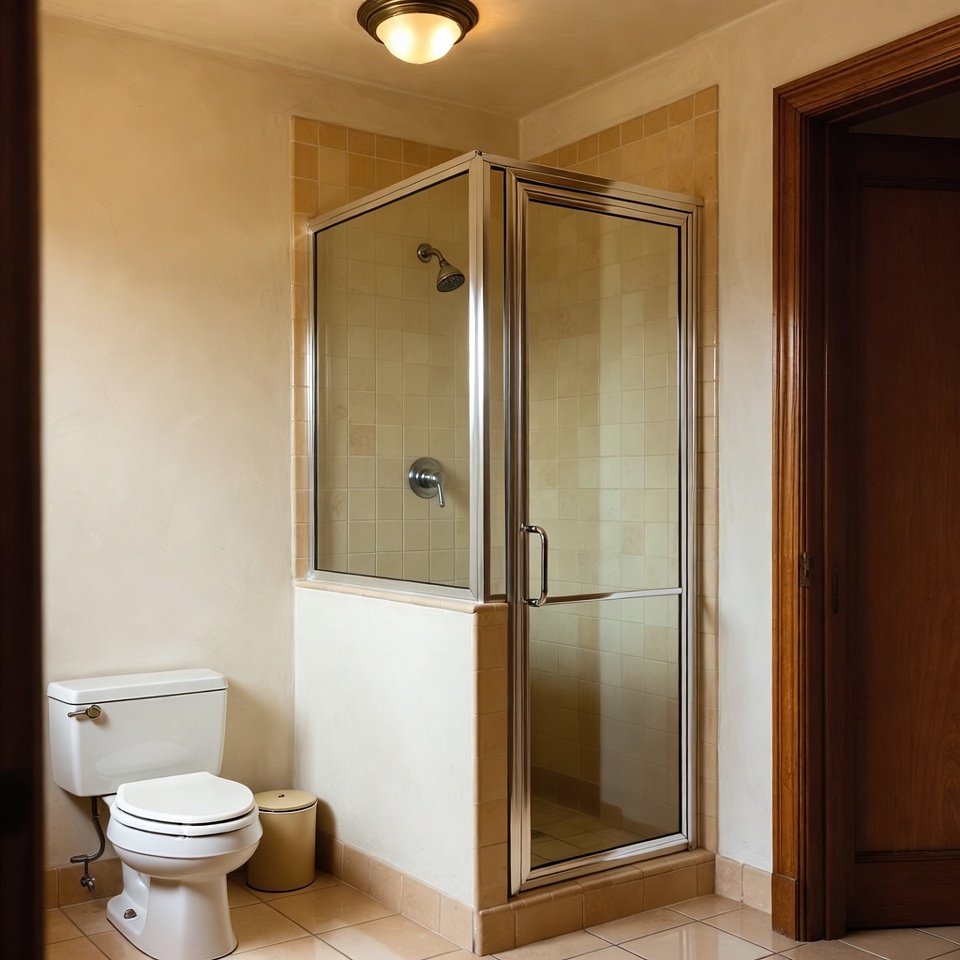 Modern bathroom design idea with floating wood vanity, backlit mirror, walk-in shower, and large neutral wall tiles.