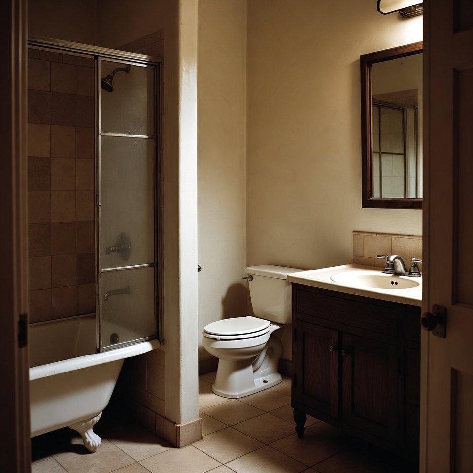 Modern bathroom design idea with freestanding bathtub, wall-mounted vanity, large mirror, and neutral minimalist décor.