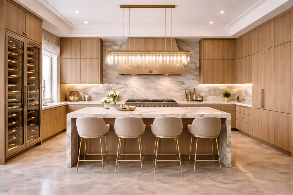 Warm wood kitchen with natural wood cabinetry, marble waterfall island, brass accents, and inviting lighting