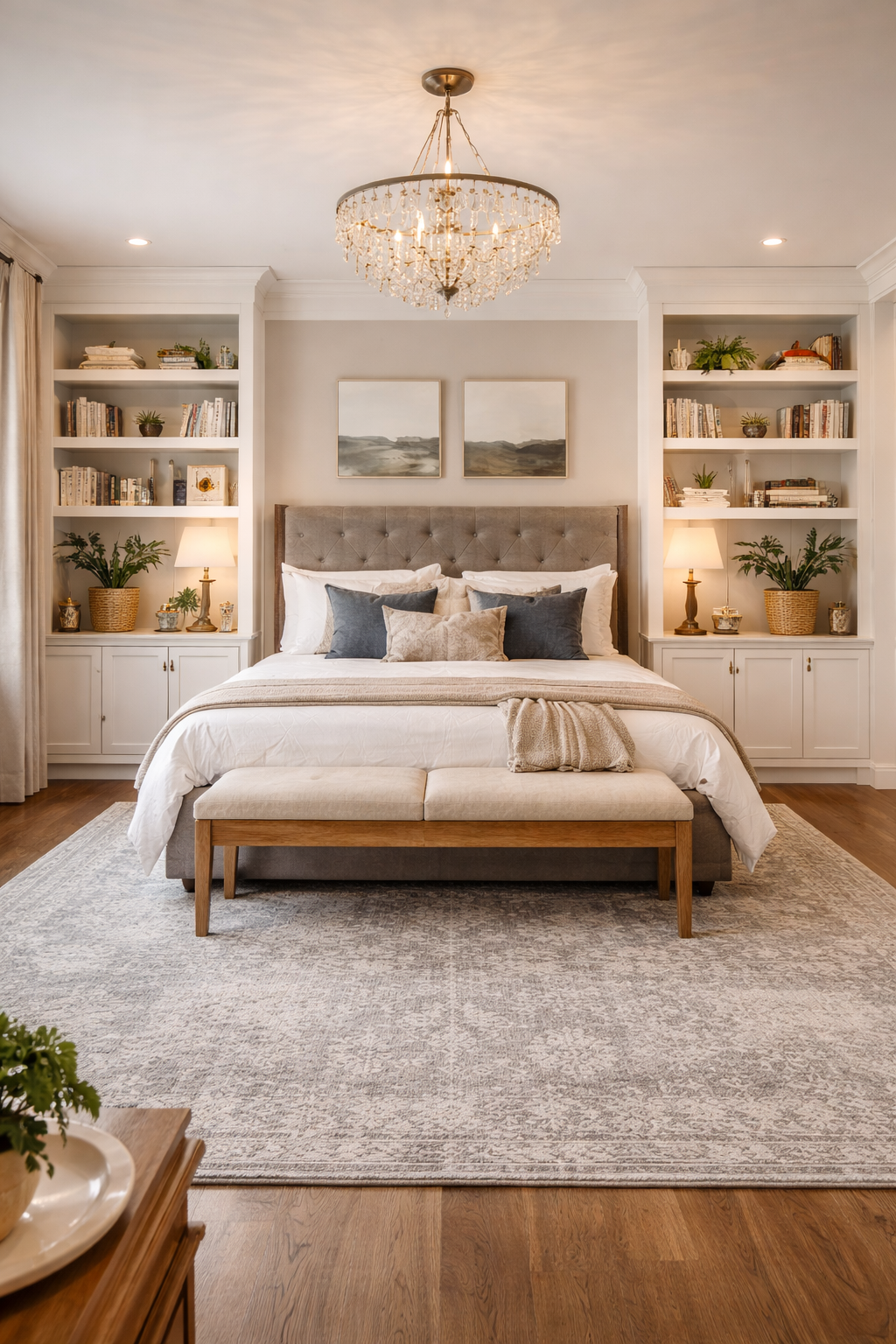 Master bedroom with built-in bookshelves, upholstered bed, neutral decor, soft lighting, and elegant chandelier