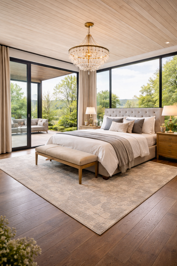 Modern master bedroom with glass walls, upholstered bed, natural light, and scenic outdoor views