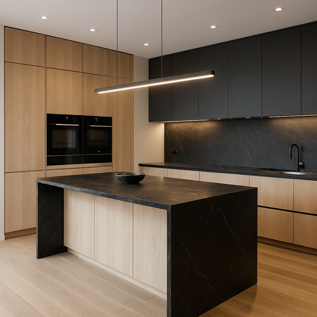 Luxury modern kitchen with black marble island, light wood cabinetry, and ambient lighting
