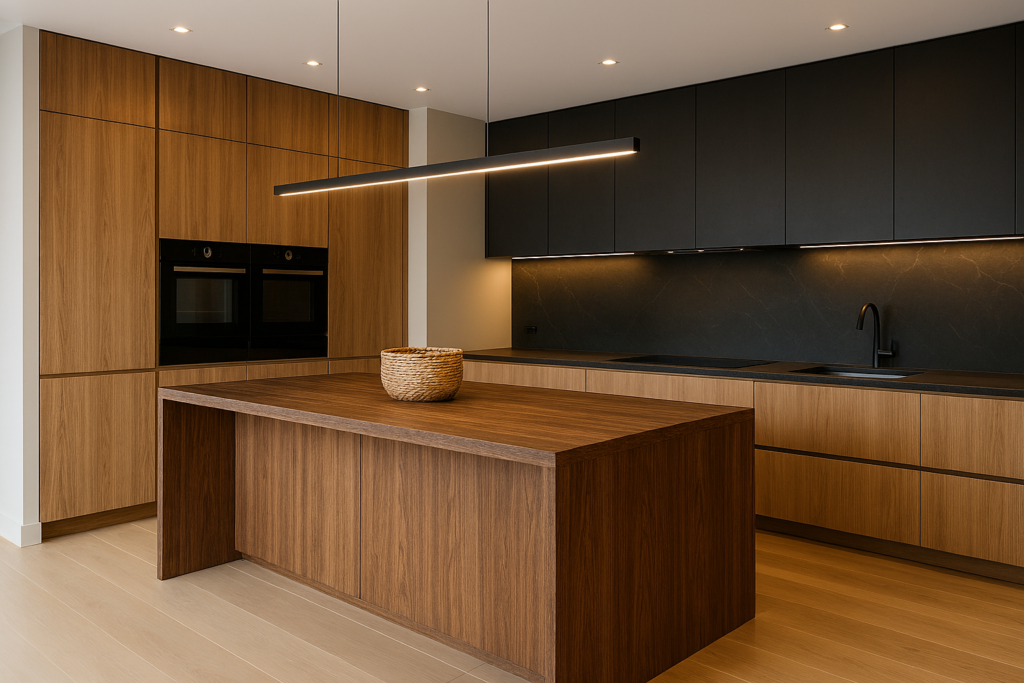 Luxury modern kitchen with wood island and woven basket centerpiece