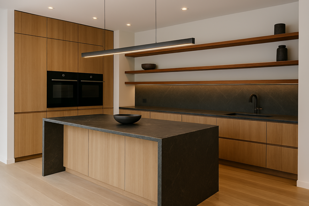 Modern kitchen with brown open shelves, wood cabinetry, and dark stone surfaces.