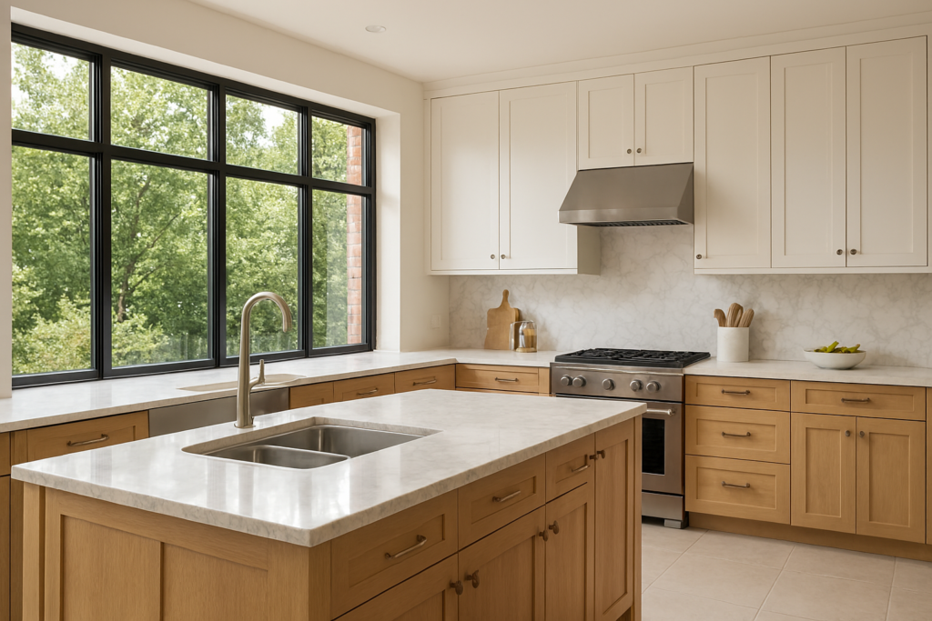 A modern kitchen with large glass windows, sleek countertops, and plenty of natural light.
