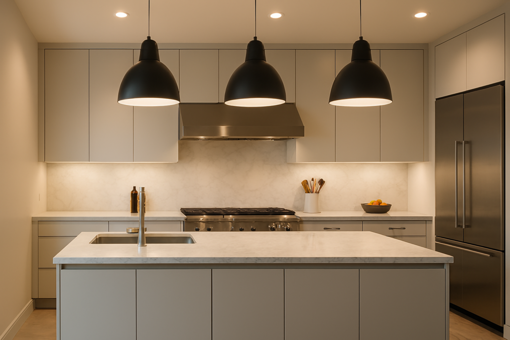 Modern kitchen with pendant lighting, marble island, and stainless steel appliances.