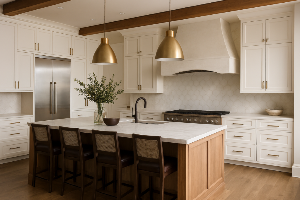 A spacious, upscale High End kitchen featuring a large marble island, sleek cabinetry, stainless steel appliances, and pendant lighting.