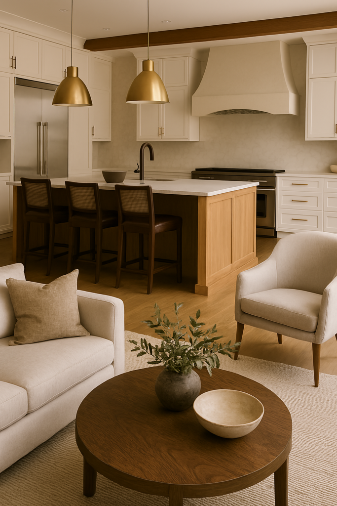 A luxurious kitchen with a marble island and brass pendant lights opens into a cozy living area with neutral-toned furniture and warm wood accents