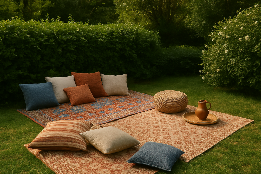 Garden lounging area with layered rugs, assorted cushions, and greenery.