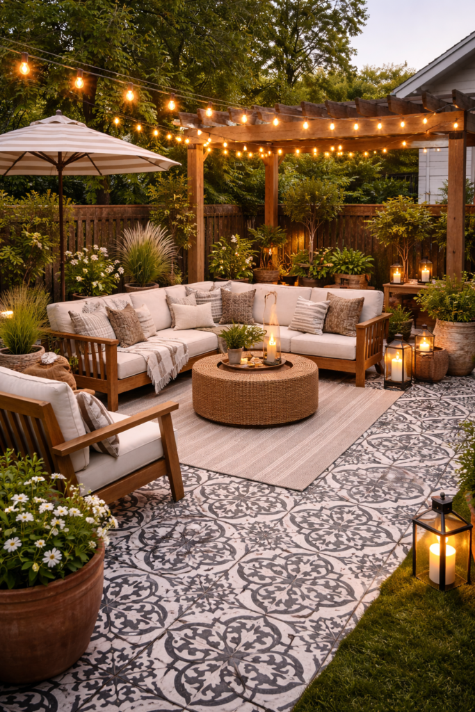 Cozy Moroccan-inspired patio at dusk with patterned tile flooring, outdoor sectional seating, string lights, and potted plants