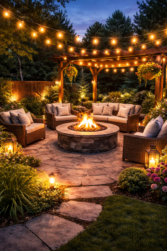 cozy backyard seating area with fire pit USA