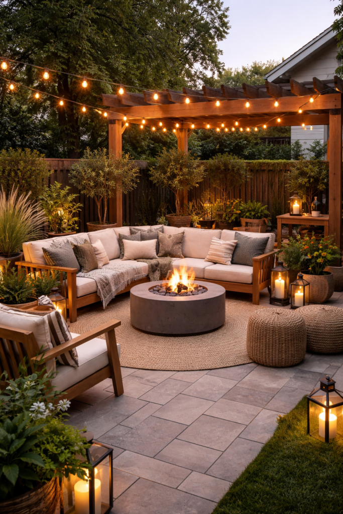 garden decor ideas for backyard patio with seating area and string lights in USA