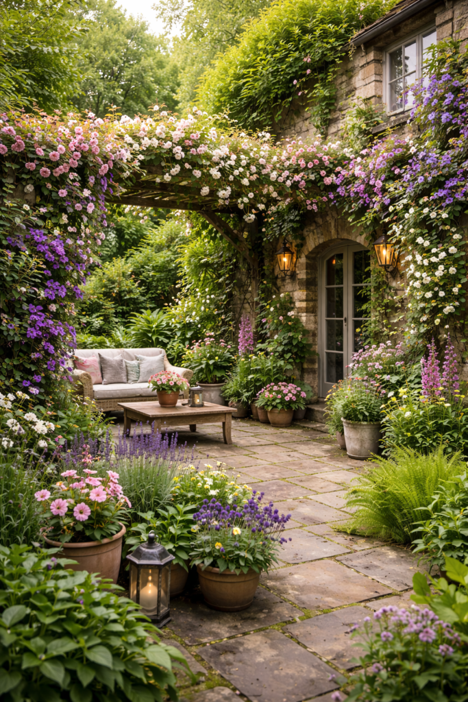 A charming garden design featuring antique-style mirrors mounted on a rustic brick wall, surrounded by climbing ivy, blooming flowers, and classic stone planters. The reflective mirrors create depth and visual interest, making this garden decor idea perfect for enhancing small outdoor spaces with elegance and charm.