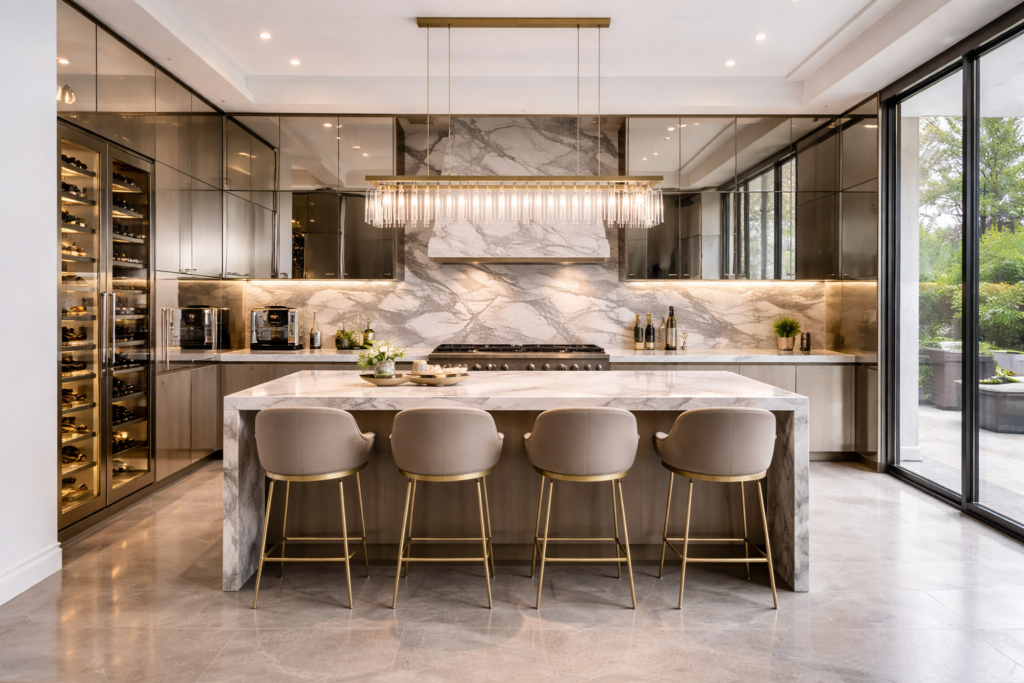 High-end mirrored kitchen with reflective cabinetry, marble waterfall island, crystal chandelier, and luxury appliances