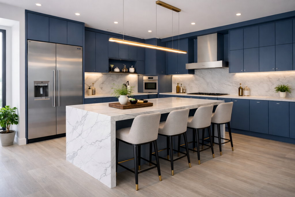 Modern blue kitchen with navy cabinetry, a white marble island, integrated stainless steel appliances, and sleek pendant lighting.