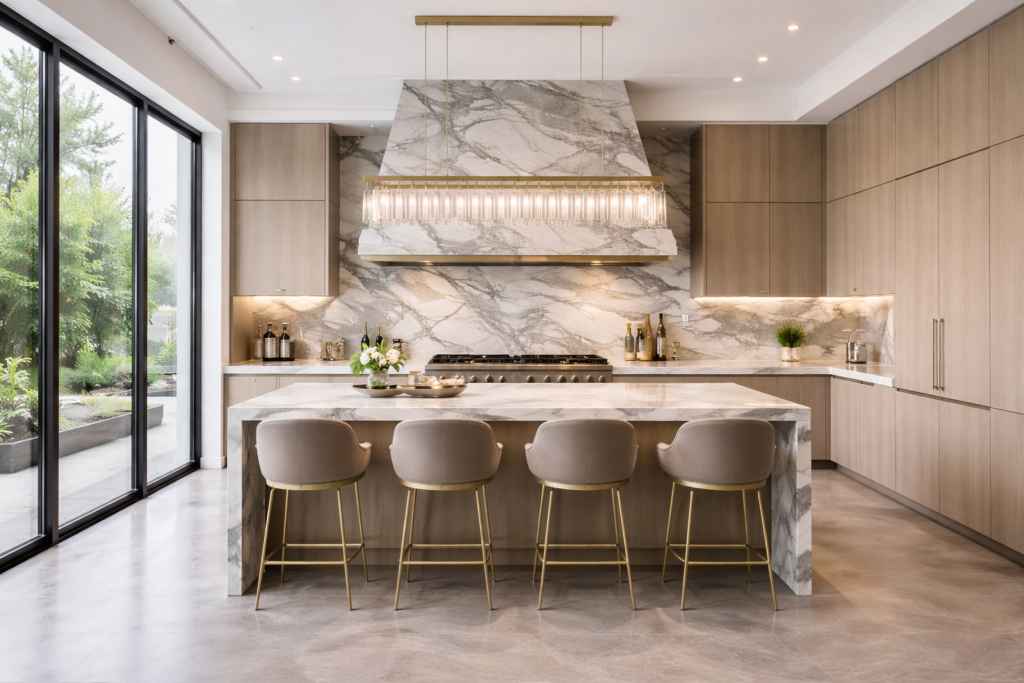 High-end kitchen with oversized marble range hood, luxury marble island, modern cabinetry, and premium appliances