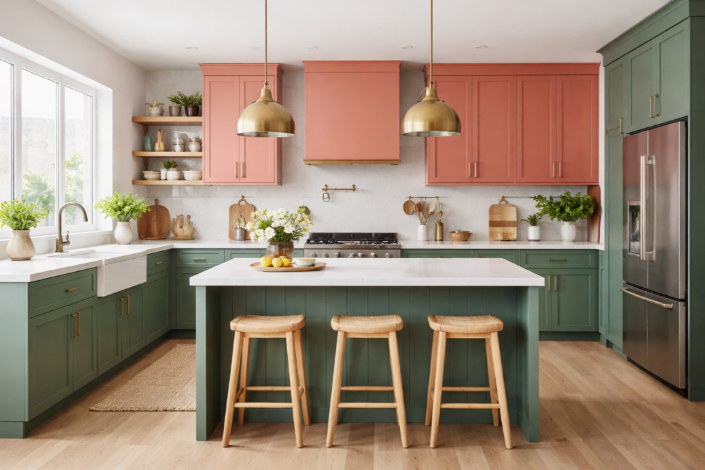 Modern kitchen with coral and green cabinets, white quartz island, brass lighting, and contemporary appliances